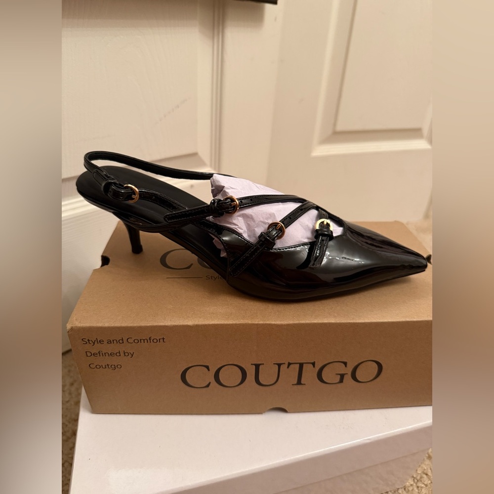 Brand New Coutgo Noir Slingback Buckled Kitten Heels